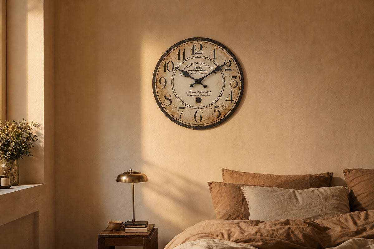 Batignolles, horloge murale vintage bois effet vieilli, gros plan sur l'inscription patinée