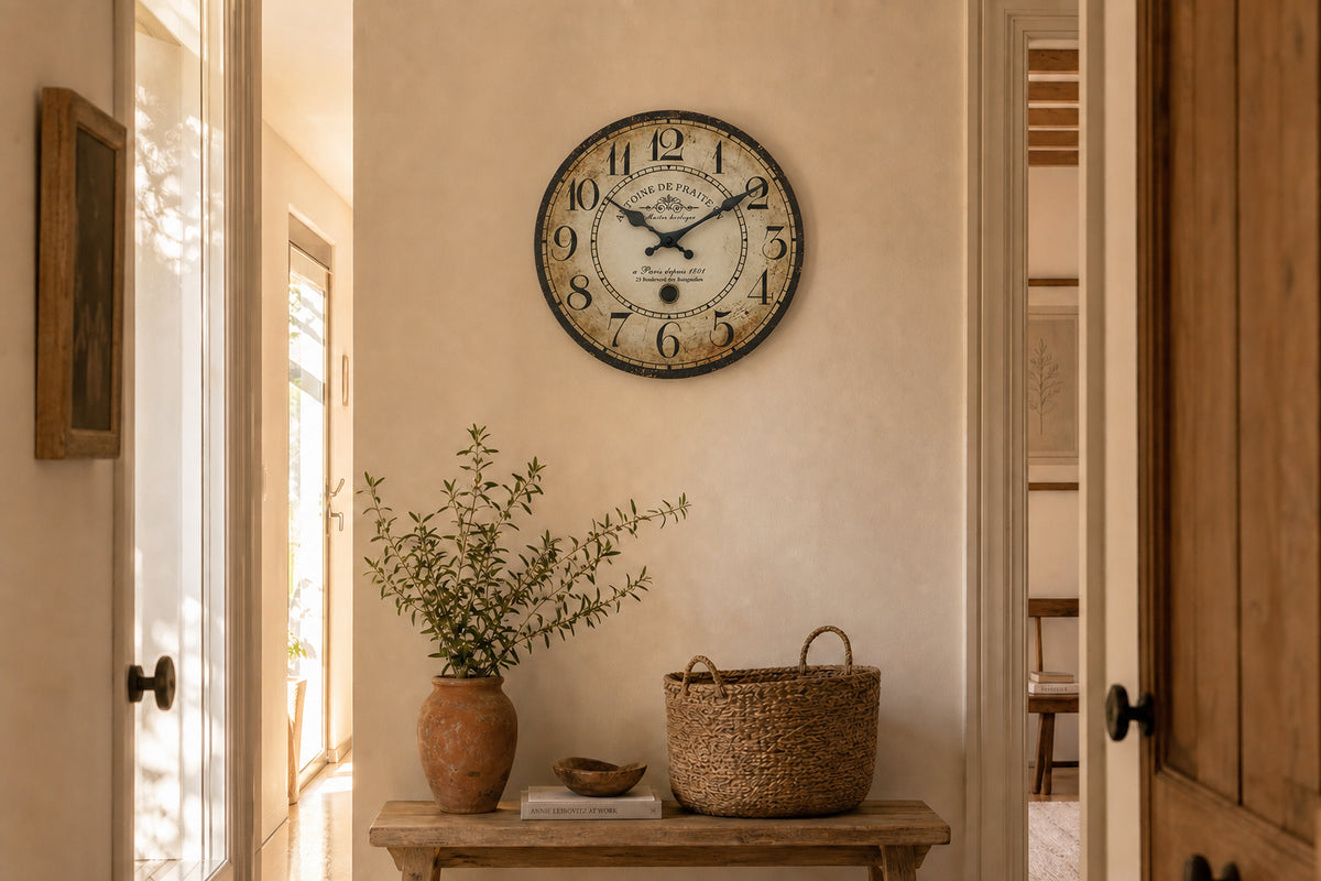 Batignolles, horloge murale vintage bois effet vieilli installée dans un salon