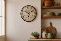 Batignolles, horloge murale vintage bois effet vieilli, détail du bois vieilli