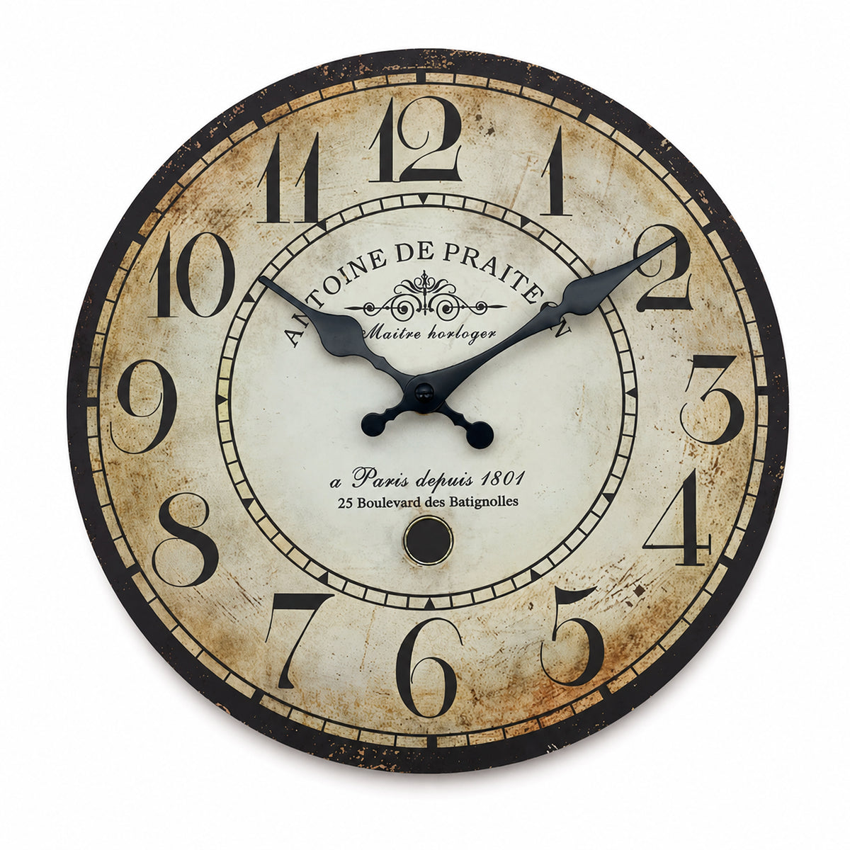 Batignolles, horloge murale vintage bois effet vieilli, vue principale du cadran