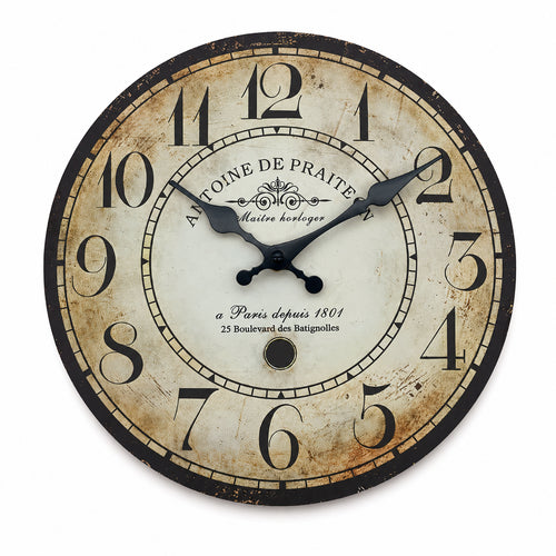 Batignolles, horloge murale vintage bois effet vieilli, vue principale du cadran