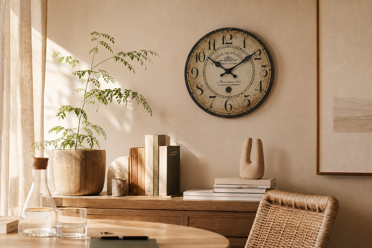 Batignolles, horloge murale vintage bois effet vieilli, vue d'ensemble sur mur