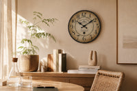 Batignolles, horloge murale vintage bois effet vieilli, vue d'ensemble sur mur