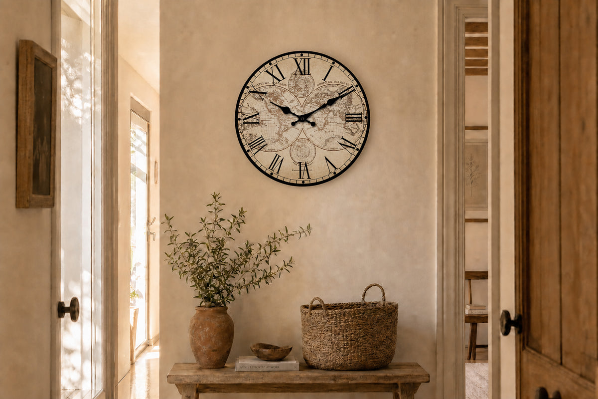 Boussole, horloge murale vintage motif nautique installée dans un salon