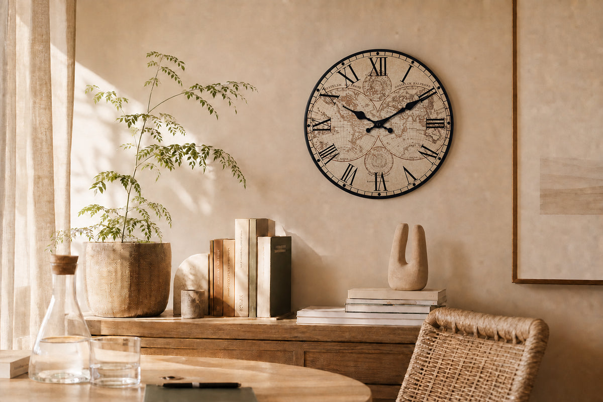 Boussole, horloge murale vintage motif nautique, vue d'ensemble sur mur
