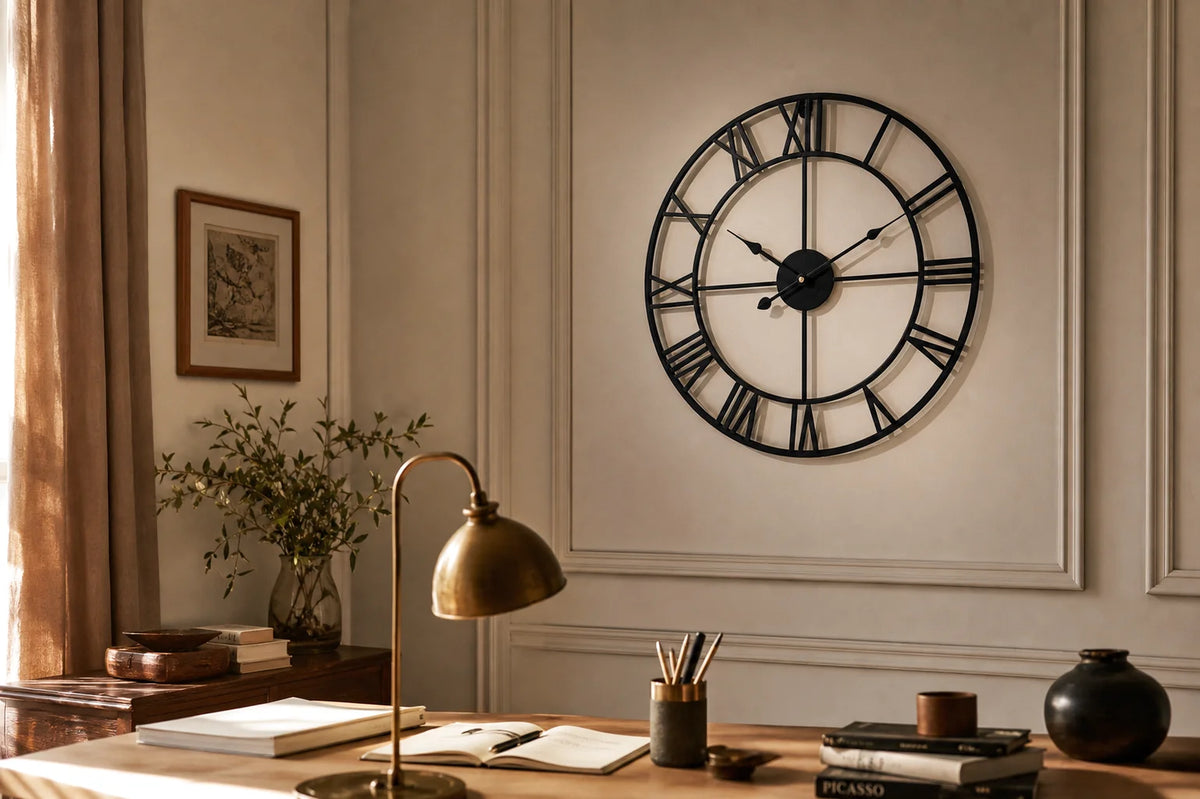 Grande Horloge murale Métal Chiffres Romains de Côté Horloge