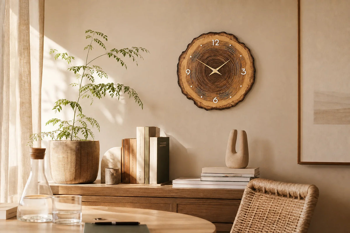 Horloge murale Cernes installée dans un bureau, bois brut naturel
