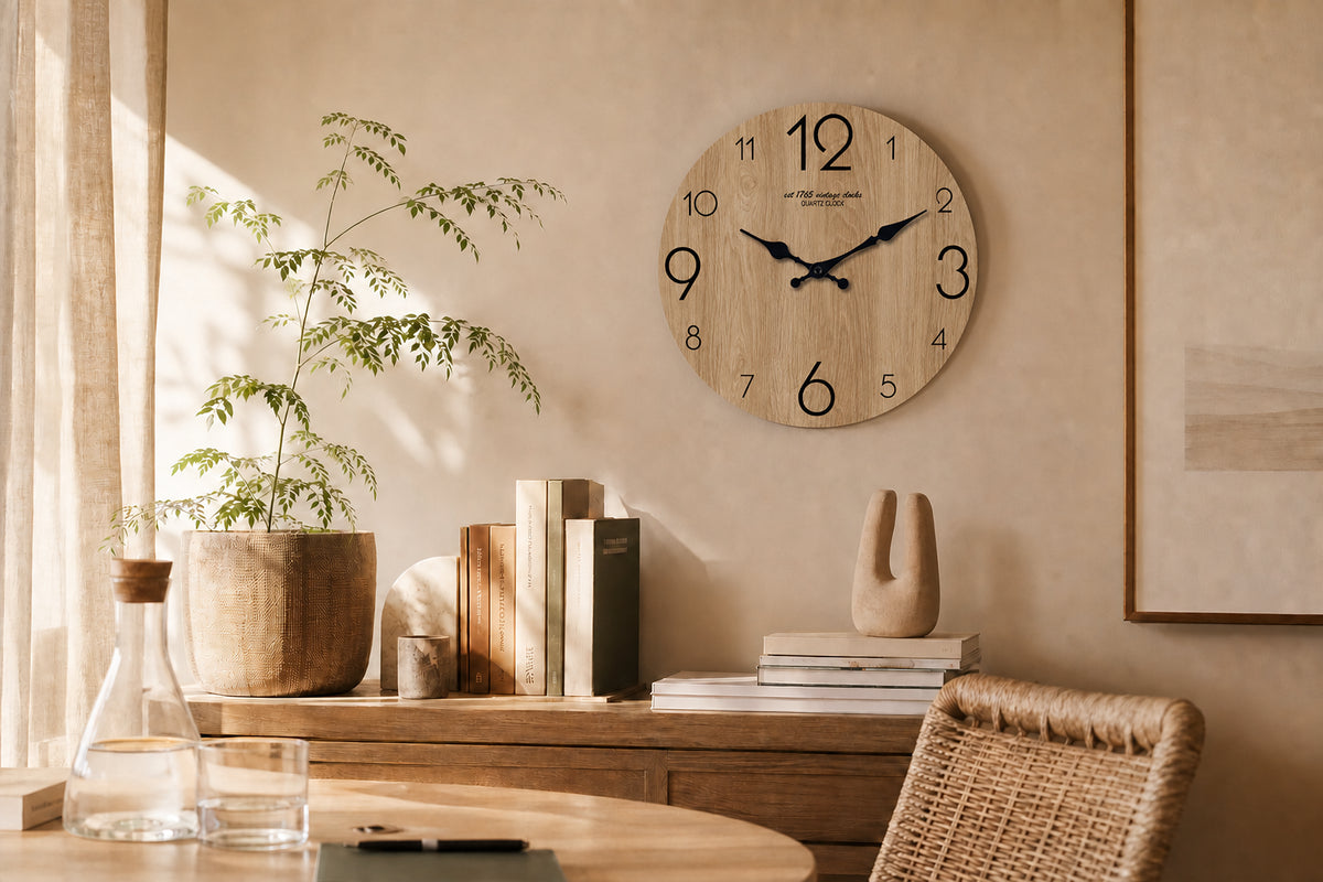 Chêne, horloge murale design grain de bois, vue d'ensemble sur mur