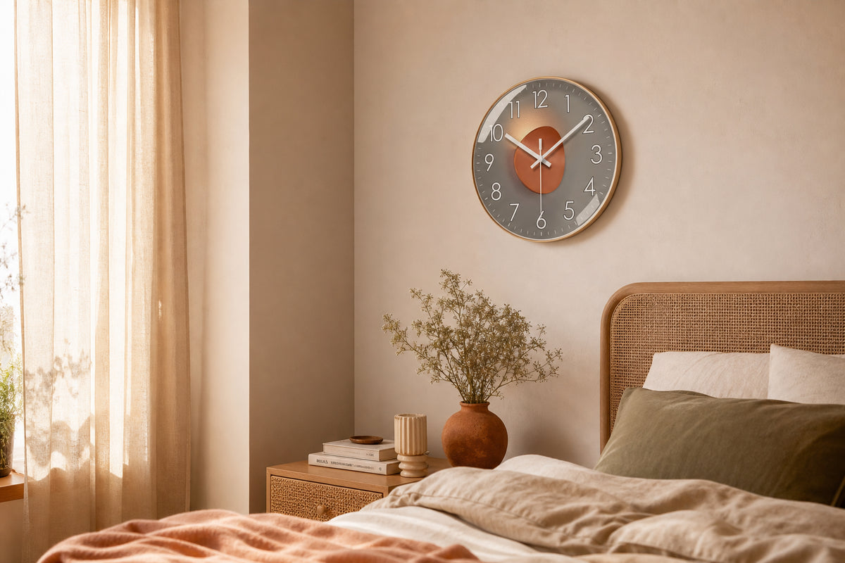 Horloge murale en cuivre avec design cuivré, style moderne et élégant pour décoration intérieure.