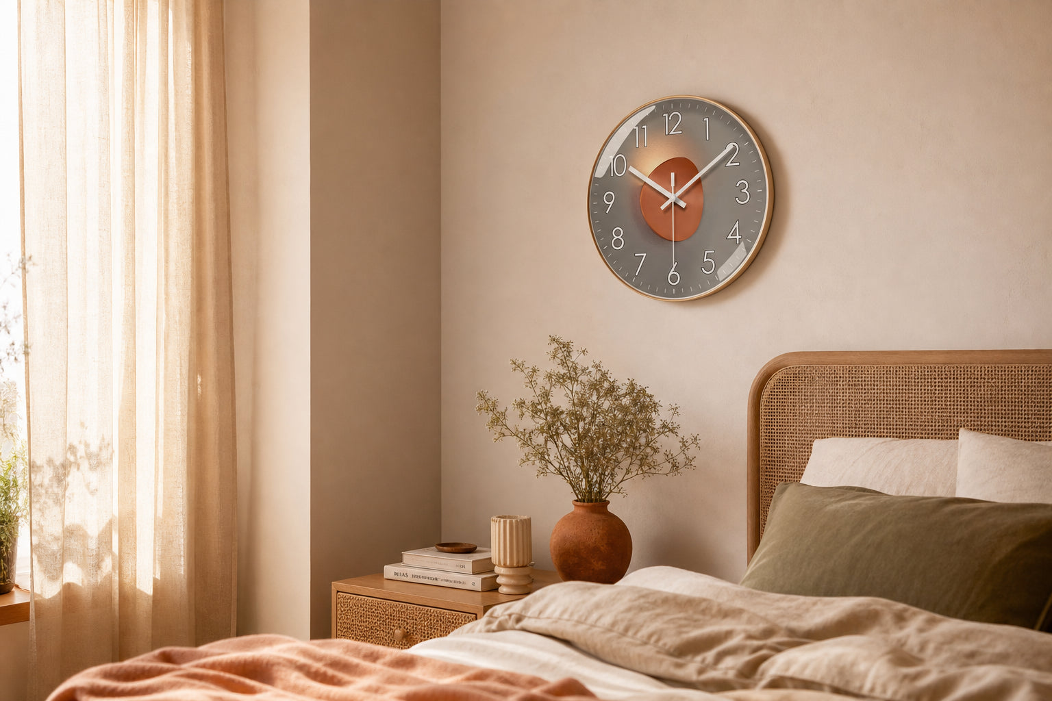Horloge murale en cuivre avec design cuivré, style moderne et élégant pour décoration intérieure.