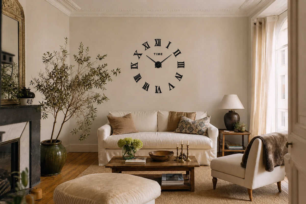 Horloge murale Empire installée dans un salon, chiffres romains complets