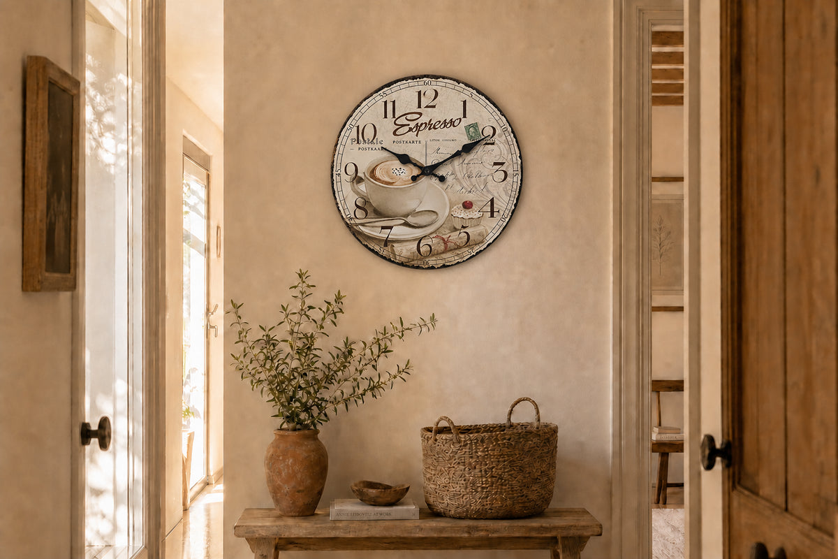 Espresso, horloge murale vintage motif tasse à café installée en cuisine