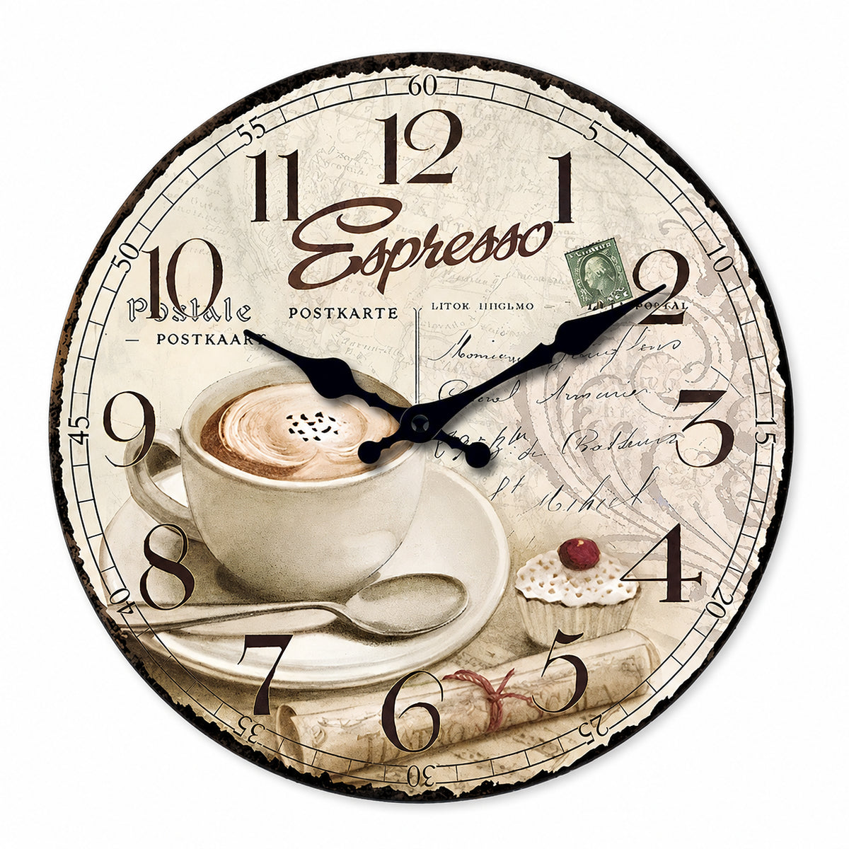 Espresso, horloge murale vintage motif tasse à café, vue principale du cadran