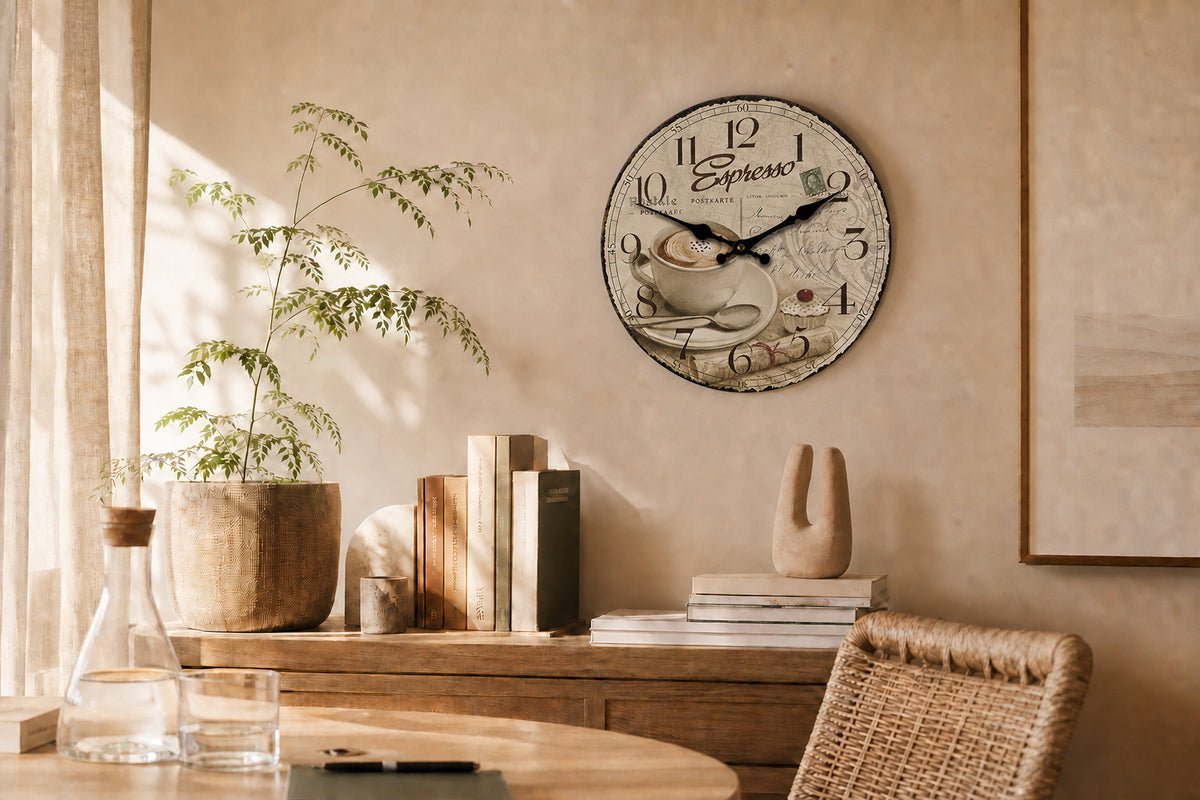 Espresso, horloge murale vintage motif tasse à café, vue d'ensemble sur mur