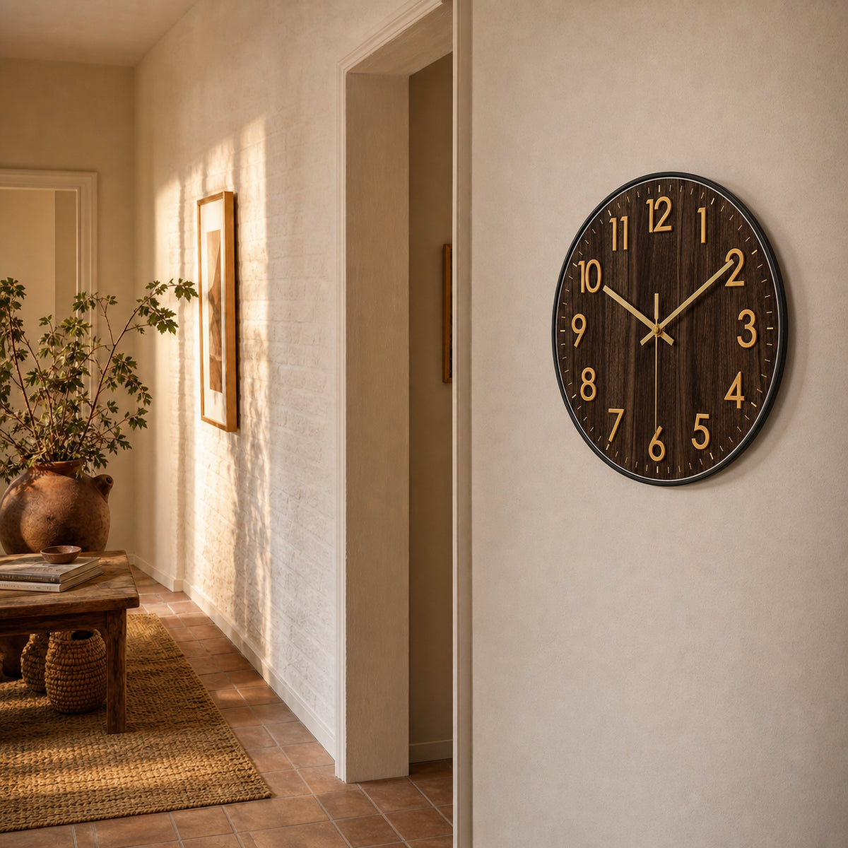 Acajou — Horloge Murale Design Bois Noyer et Détails Dorés