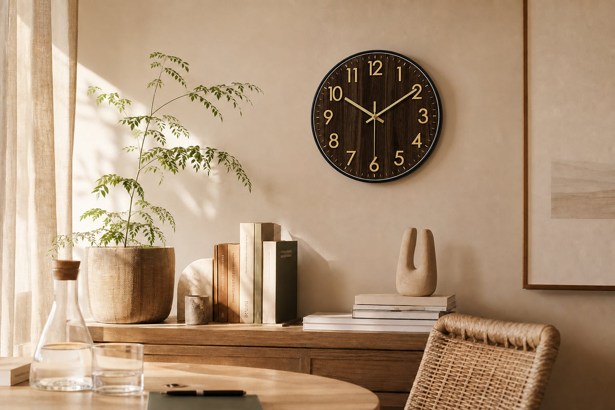 Acajou — Horloge Murale Design Bois Noyer et Détails Dorés