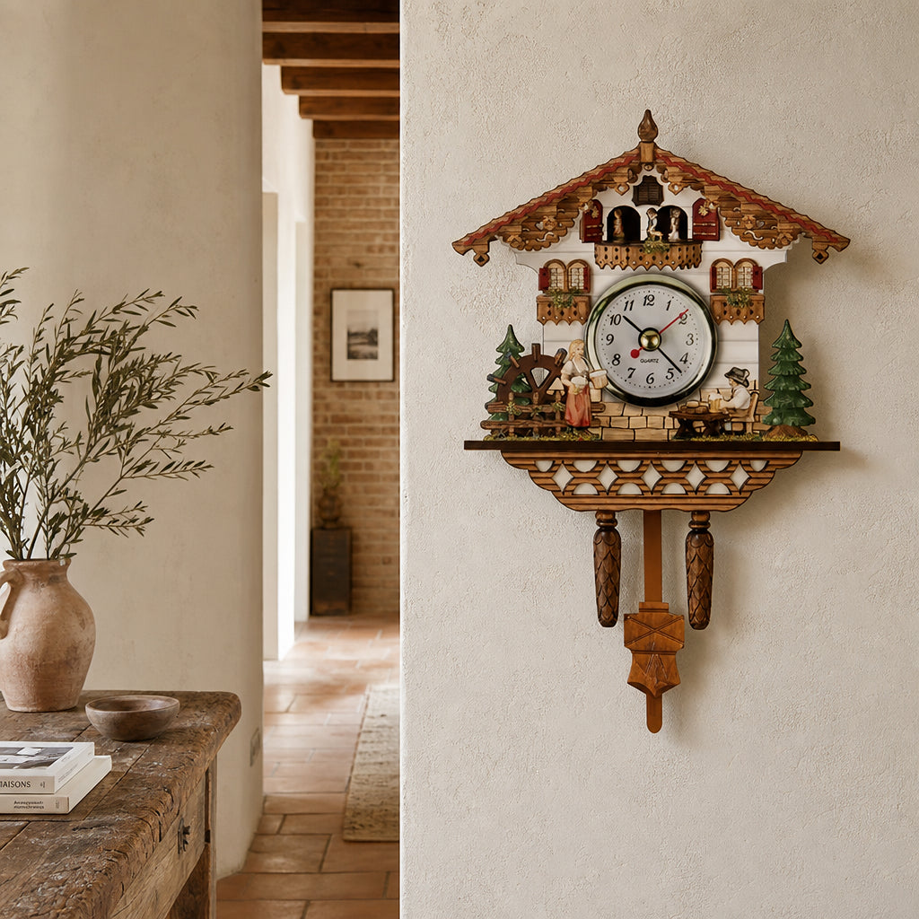 Alsace, horloge coucou chalet bois vintage, gros plan sur les personnages animés, Côté Horloge