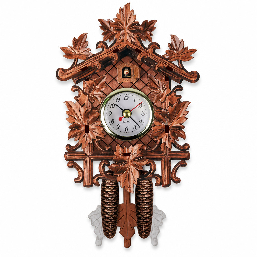 Tyrol, horloge coucou murale chalet en bois cuivré, vue principale du cadran, Côté Horloge