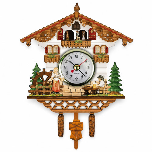 Alsace, horloge coucou murale chalet en bois vintage, vue principale du cadran, Côté Horloge