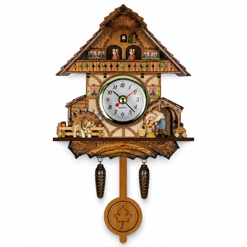 Bavière, horloge coucou murale chalet en bois vintage, vue principale du cadran, Côté Horloge