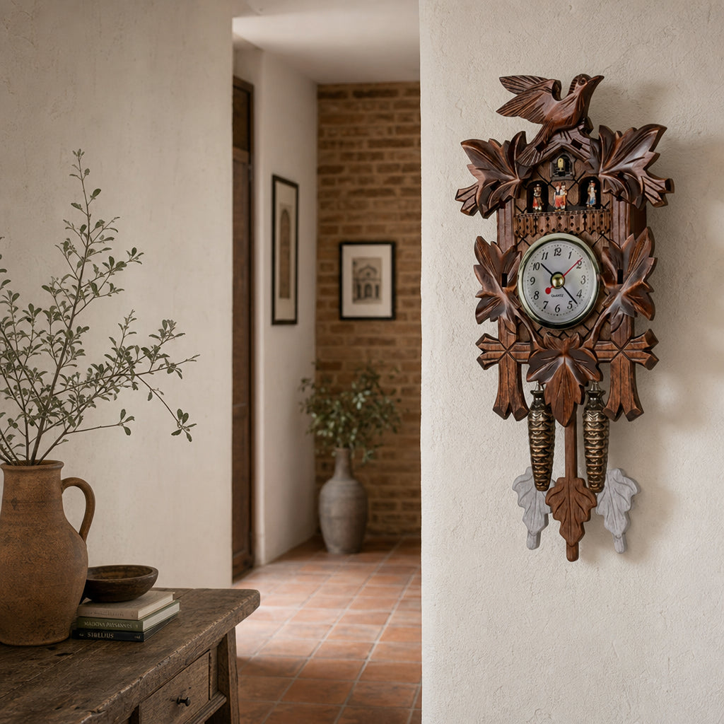 Forêt-Noire, horloge coucou en bois sculpté, ambiance salle à manger, Côté Horloge