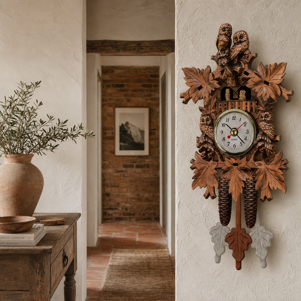 Souabe, horloge coucou chalet bois cuivré, détail du pendule, Côté Horloge