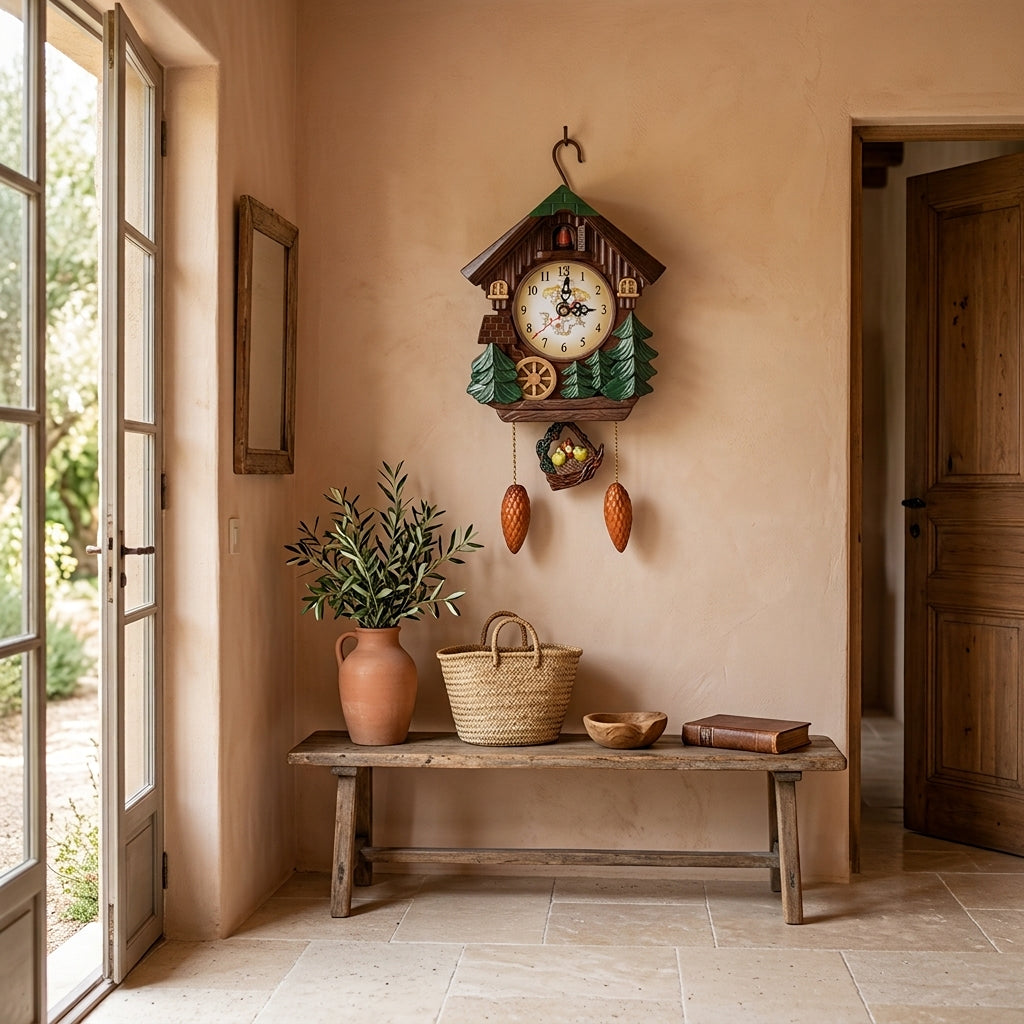 Nichée, horloge coucou maison dans l'arbre, vue d'ensemble sur mur clair, Côté Horloge