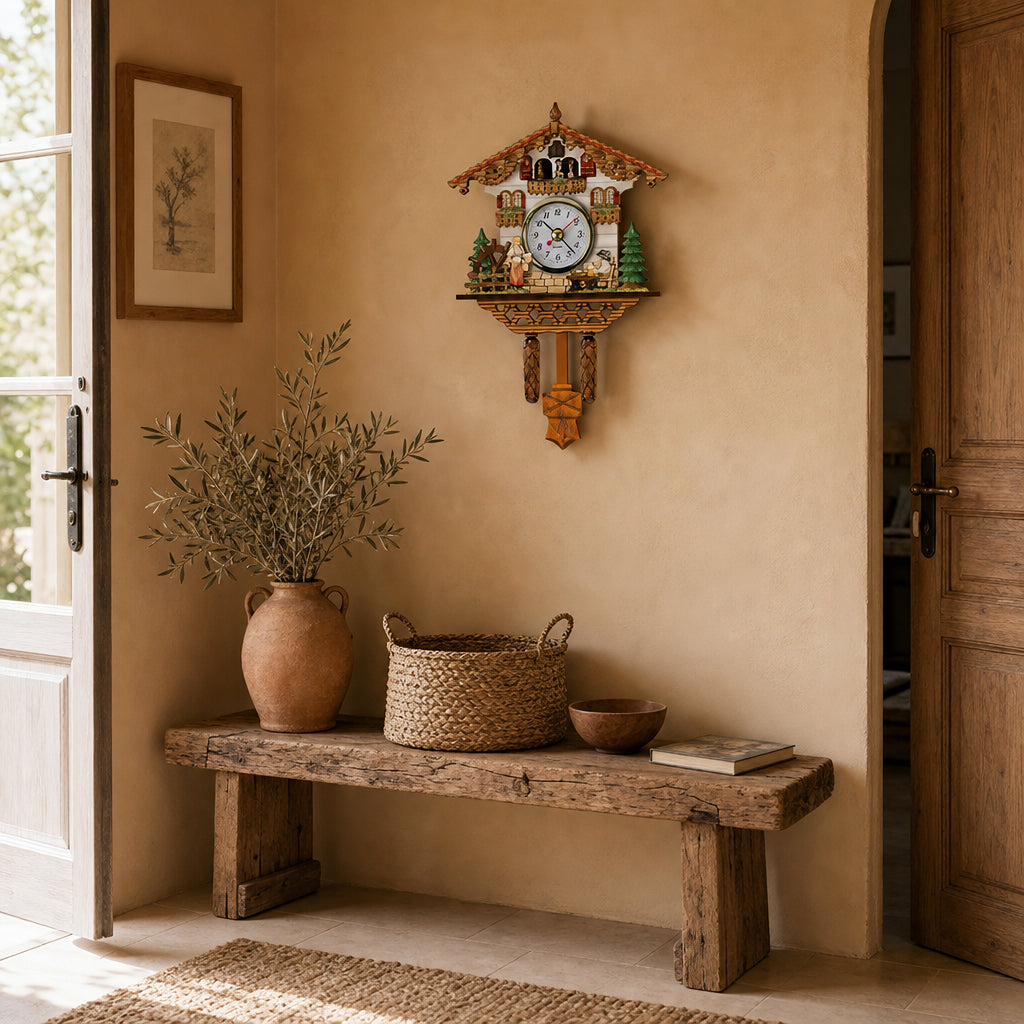 Alsace, horloge coucou chalet bois vintage, détail du pendule, Côté Horloge