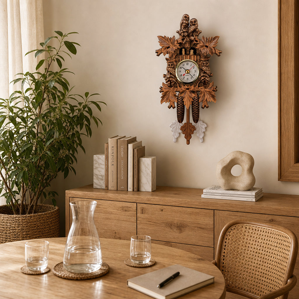Souabe, horloge coucou chalet bois cuivré, gros plan sur les personnages animés, Côté Horloge