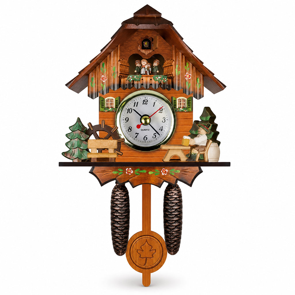 Franconie, horloge coucou murale chalet en bois vintage, vue principale du cadran, Côté Horloge