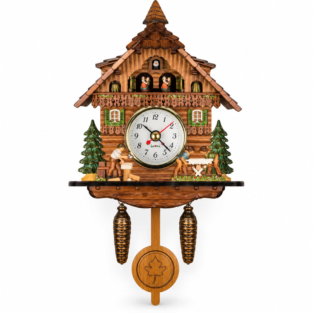 Rhénanie, horloge coucou murale chalet en bois cuivré clair, vue principale du cadran, Côté Horloge