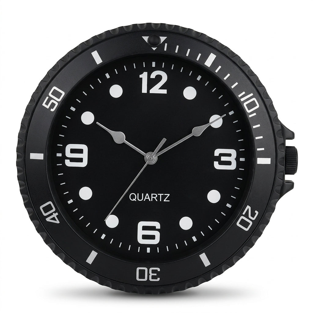 Skipper, horloge murale design montre de plongée verte, détail des aiguilles luminescentes, Côté Horloge