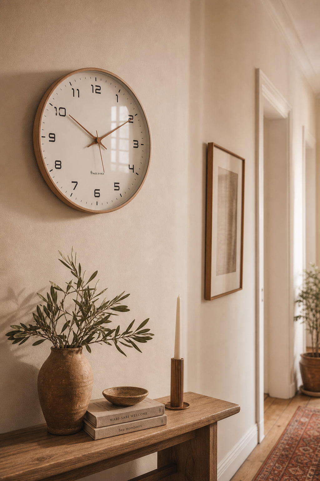 Horloge murale design nordique Lagom en bois massif, moderne et élégante, fabriquée par Côté Horloge.