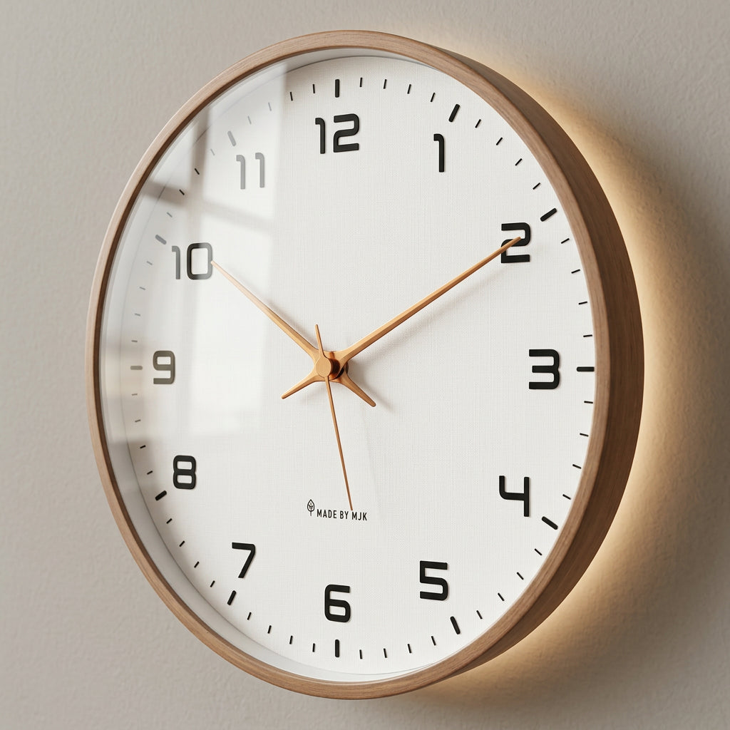 Horloge murale en bois massif au design nordique Lagom de Côté Horloge, montrant son visage élégant et moderne.