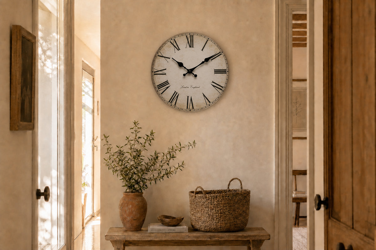 Londres, horloge murale vintage chiffres romains installée dans un salon