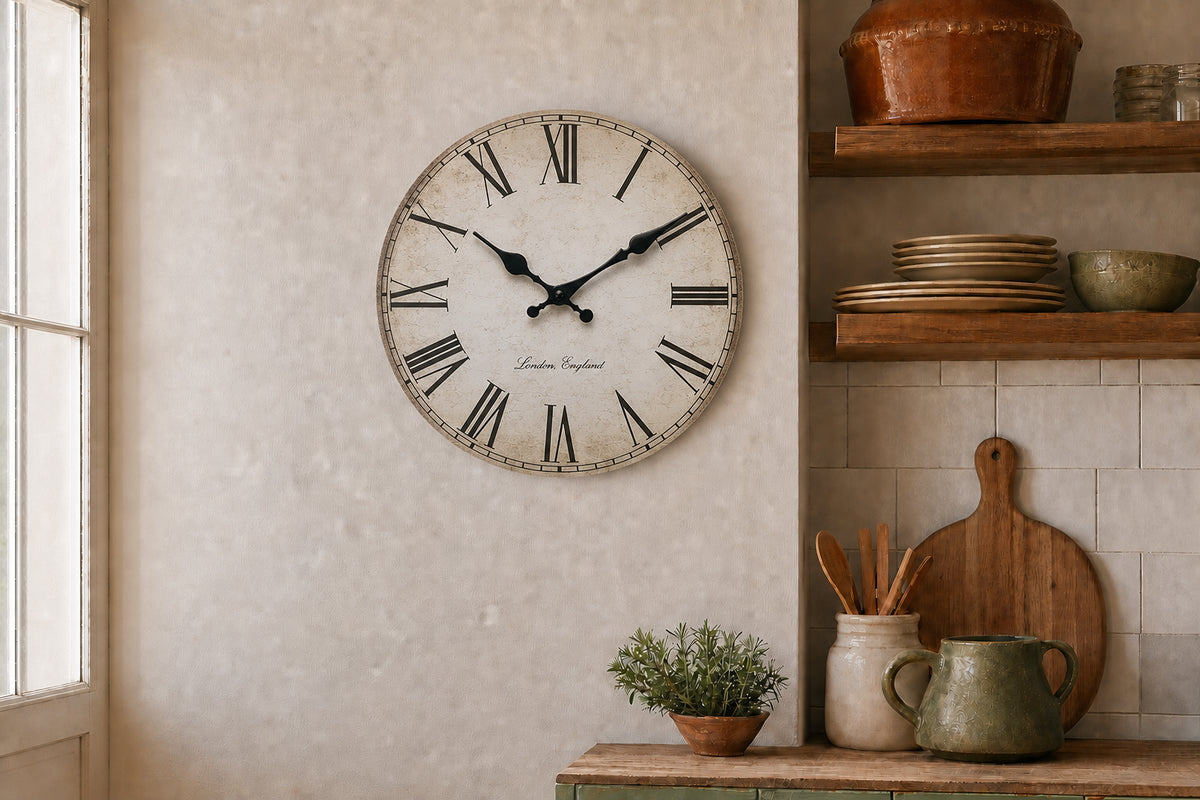 Londres, horloge murale vintage chiffres romains, détail du cadran crème patiné