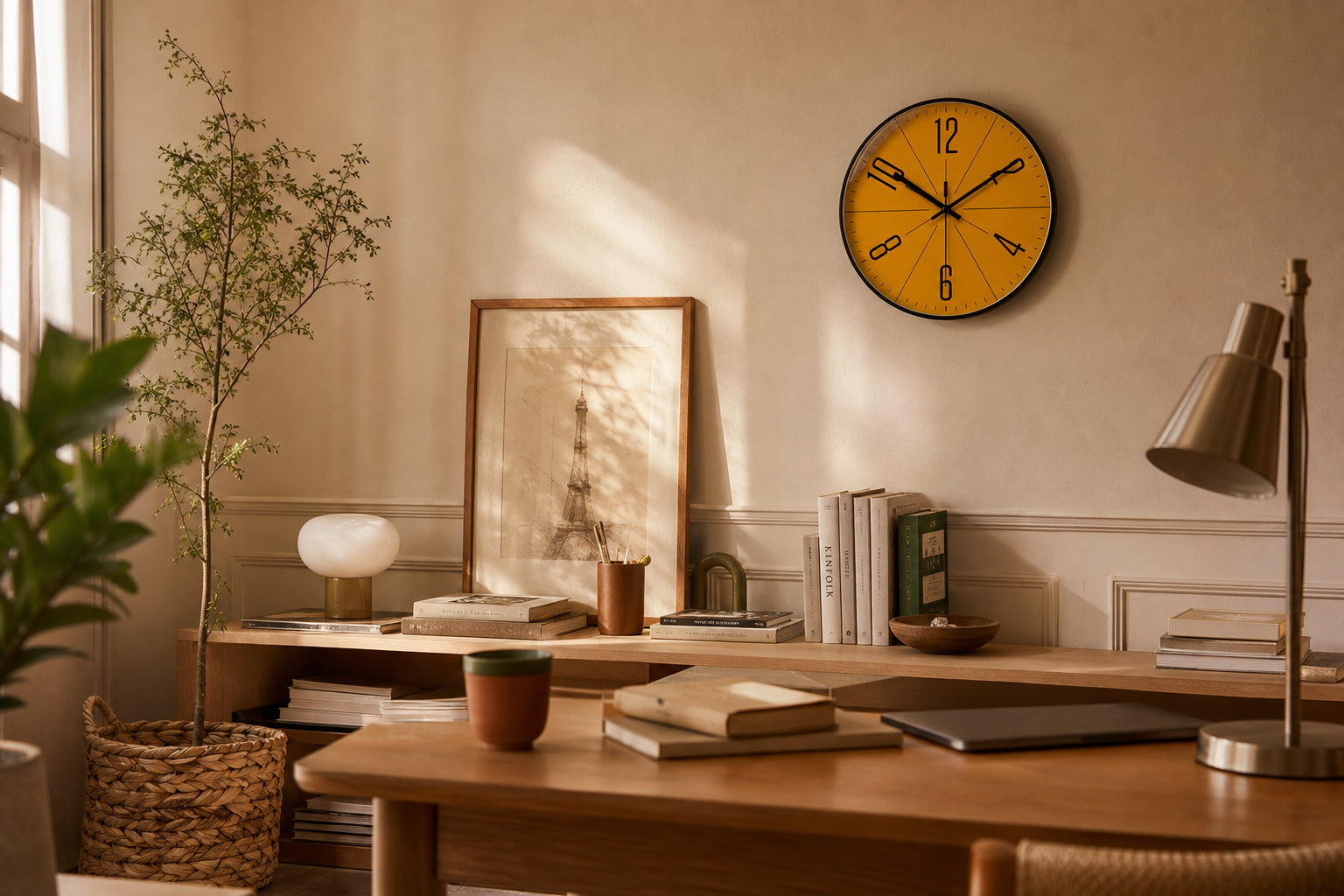 Horloge murale Mimosa de Côté Horloge, design moderne jaune avec chiffres noirs, idéale pour décoration intérieure élégante