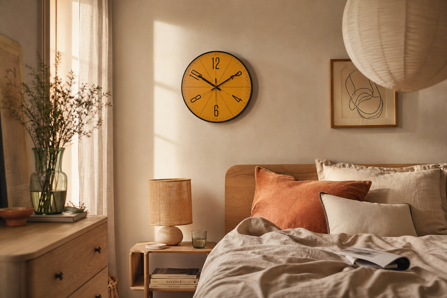 Horloge murale design jaune Mimosa de Côté Horloge, motif élégant pour décoration intérieure moderne.