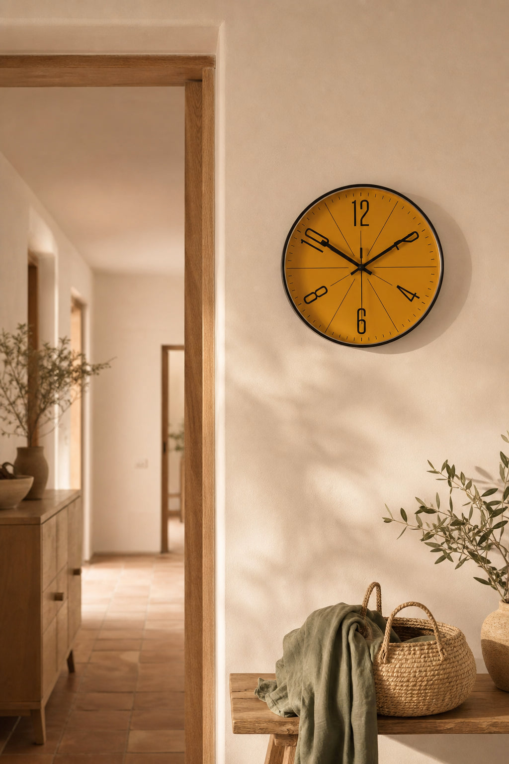 Horloge murale design jaune Mimosa de la marque Côté Horloge avec chiffres noirs et cadre moderne en style contemporain.