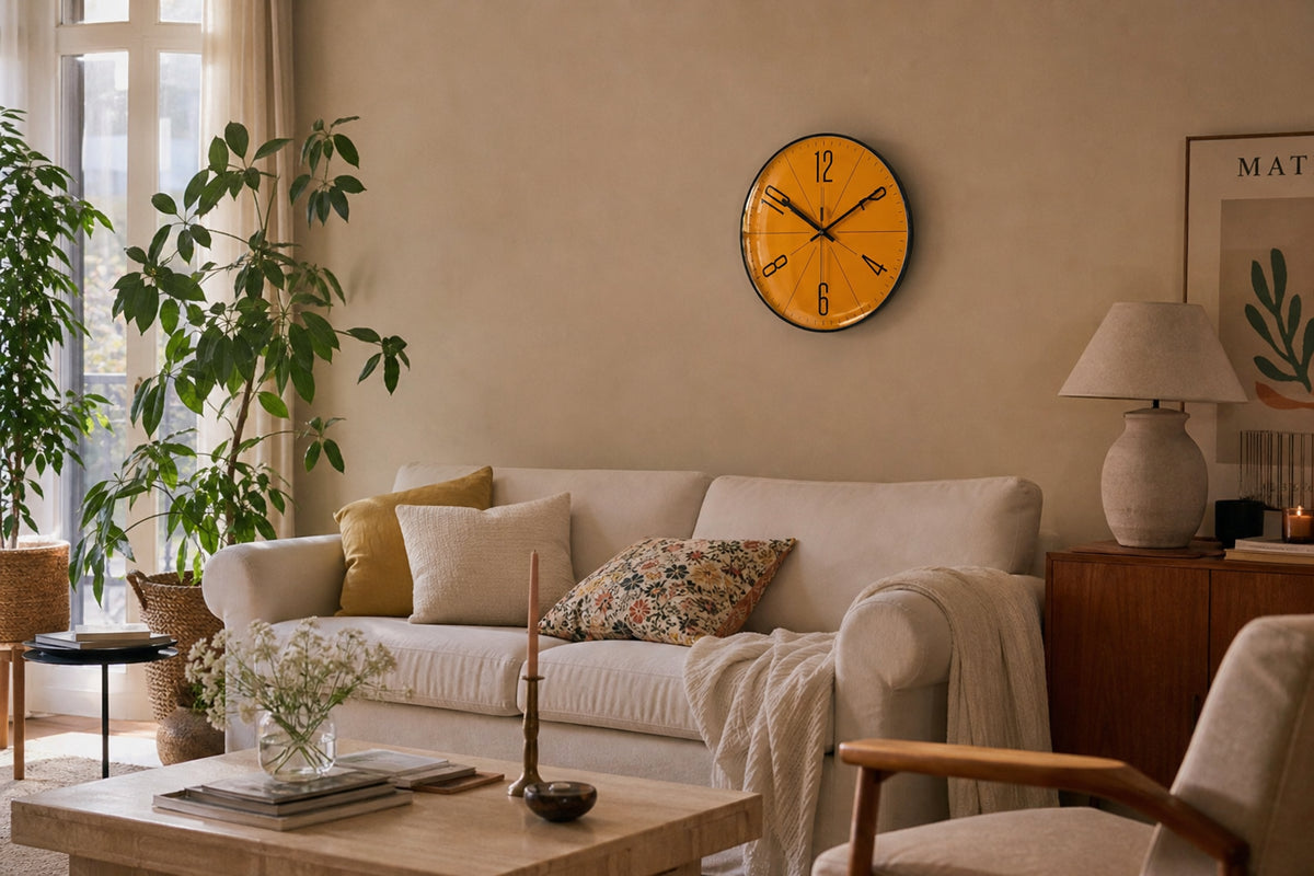 Horloge murale design jaune Mimosa de Côté Horloge avec chiffres noirs et style moderne, suspendue sur un mur blanc.