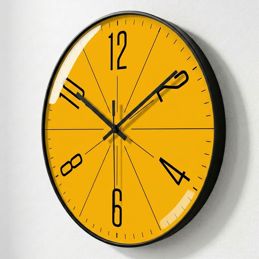 Horloge murale design jaune Mimosa de Côté Horloge avec chiffres noirs et style moderne, suspendue sur un mur blanc.