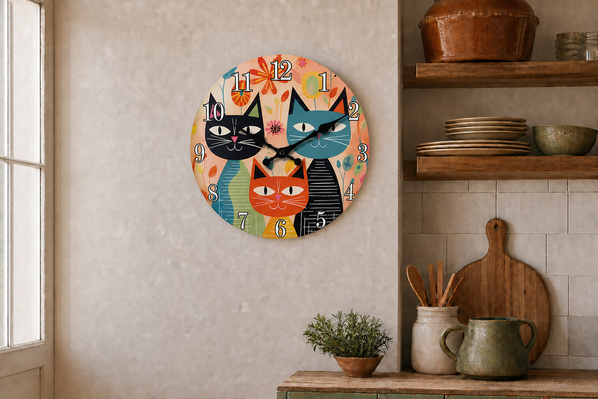 Minette, horloge murale design chats colorés, détail des chiffres sur fond illustré