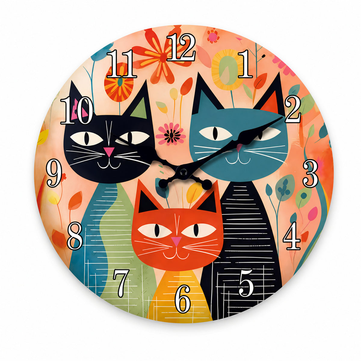 Minette, horloge murale design chats colorés, vue principale du cadran