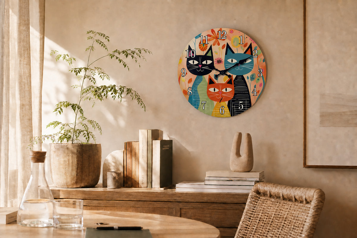 Minette, horloge murale design chats colorés, vue d'ensemble sur mur