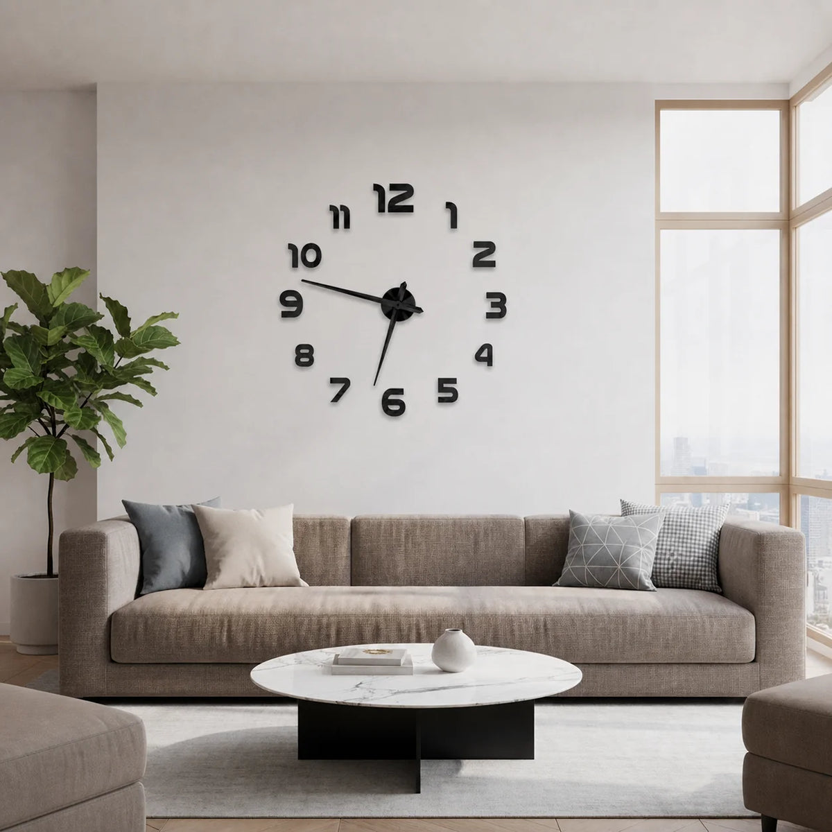 Grande horloge murale Numera au-dessus d'un canapé