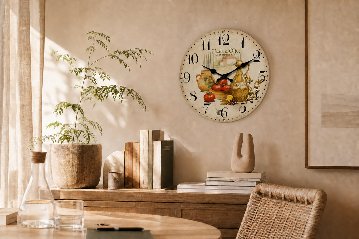 Provence, horloge murale vintage huile d'olive et tomate, vue d'ensemble sur mur