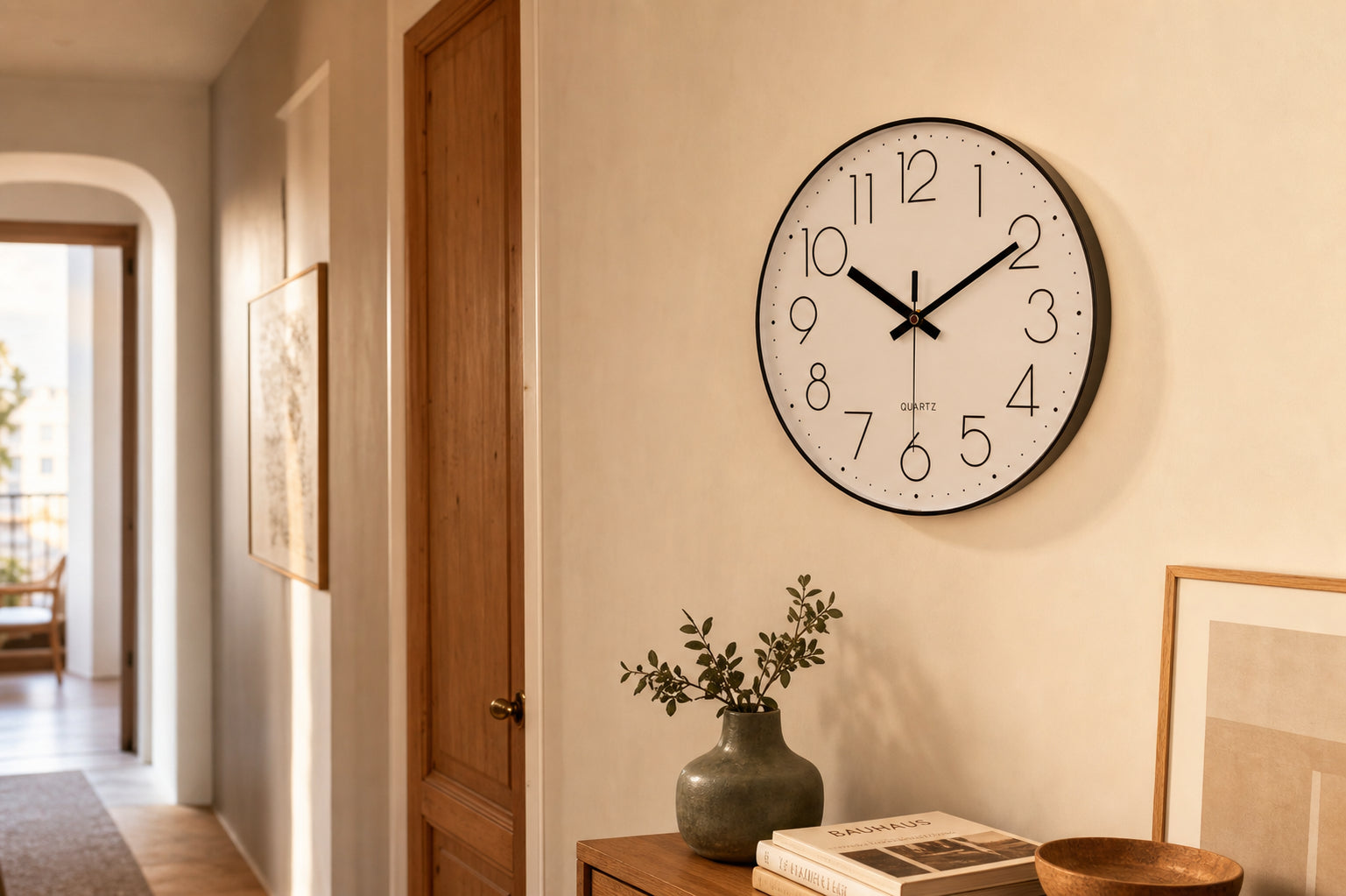 Horloge murale en quartz design minimaliste avec chiffres lumineux, fabriquée par Côté Horloge, vue de face.