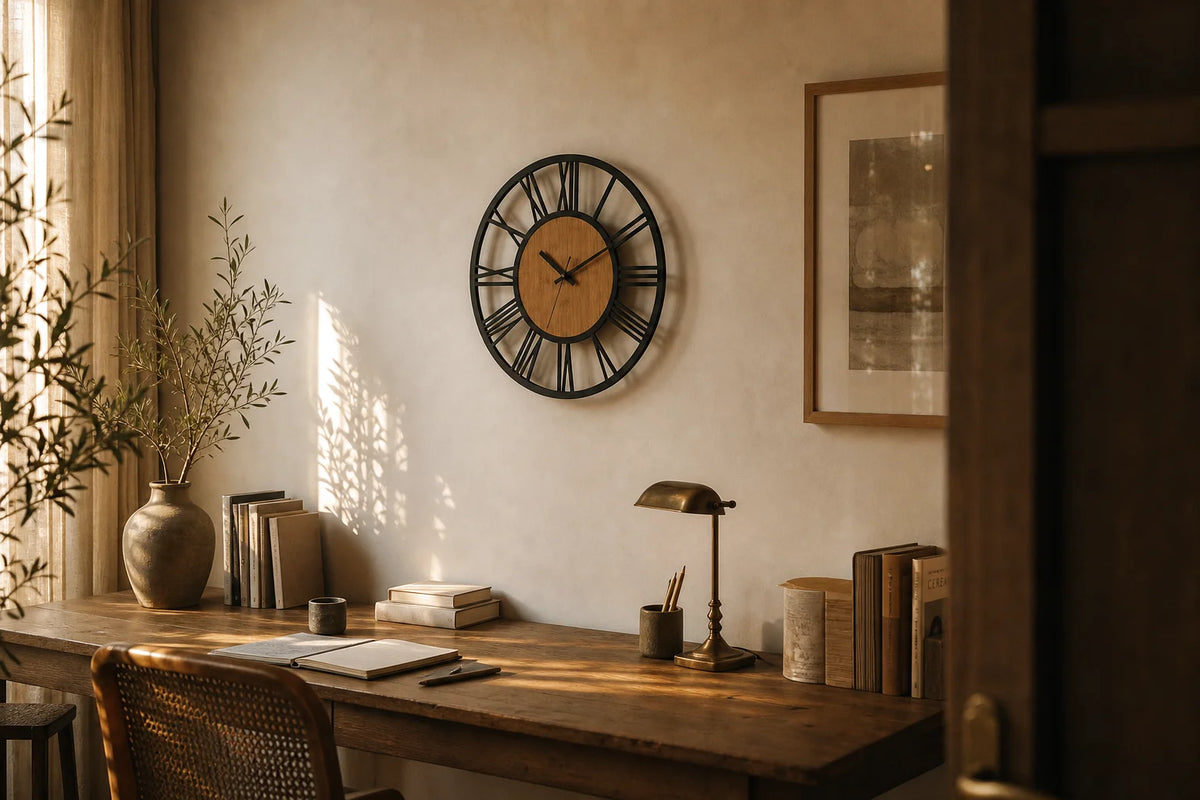Grande Horloge Romaine Chiffres Romains Métal et Bois de Côté Horloge