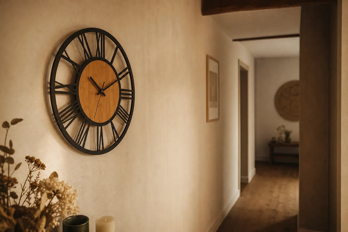 Grande Horloge Romaine Chiffres Romains Métal et Bois de Côté Horloge