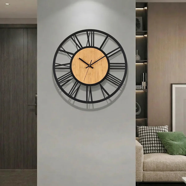 Romaine — Grande Horloge Murale Chiffres Romains Métal et Bois